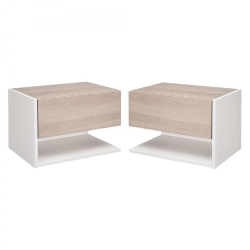 Juego de 2 Mesitas de Noche Flotantes Mesitas de Noche Colgantes con 1 Cajón y Estante Abierto 46x30x30cm Roble y Blanco [8]