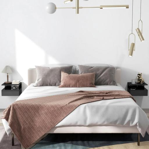  2 Mesitas de Noche Flotantes con 1 Cajón y Estante Abierto Diseño Moderno 35x32x22,5 cm Negro Brillo