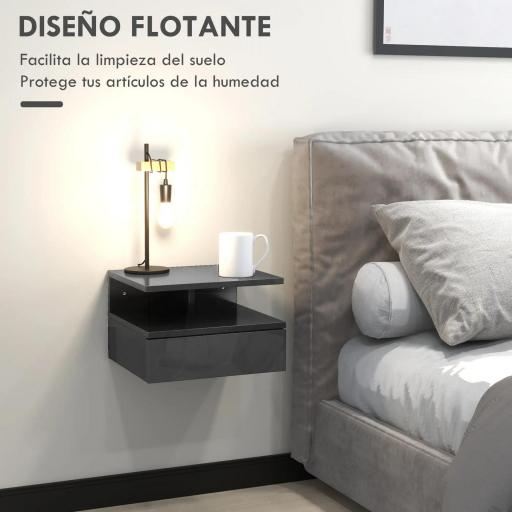  2 Mesitas de Noche Flotantes con 1 Cajón y Estante Abierto Diseño Moderno 35x32x22,5 cm Negro Brillo [2]