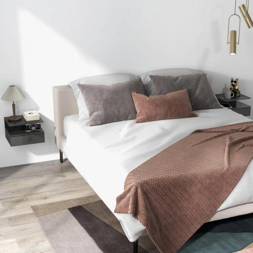  2 Mesitas de Noche Flotantes con 1 Cajón y Estante Abierto Diseño Moderno 35x32x22,5 cm Negro Brillo [3]