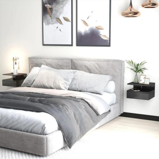  2 Mesitas de Noche Flotantes con 1 Cajón y Estante Abierto Diseño Moderno 35x32x22,5 cm Negro Brillo [6]