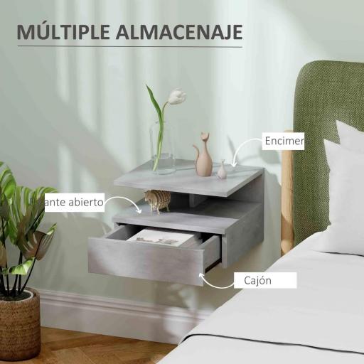  2 Mesitas de Noche Flotantes con 1 Cajón y Estante Abierto Diseño Moderno 35x32x22,5 cm Gris [4]