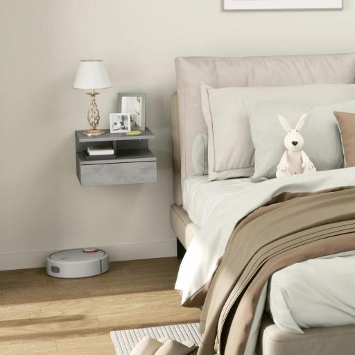  2 Mesitas de Noche Flotantes con 1 Cajón y Estante Abierto Diseño Moderno 35x32x22,5 cm Gris [2]