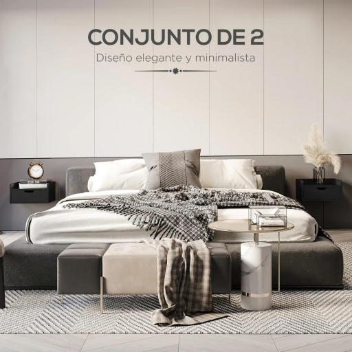 Set de 2 Mesitas de Noche de Pared Mesillas Flotantes con 1 Cajón para Dormitorio Habitación 40x30x19,5 cm Negro [2]
