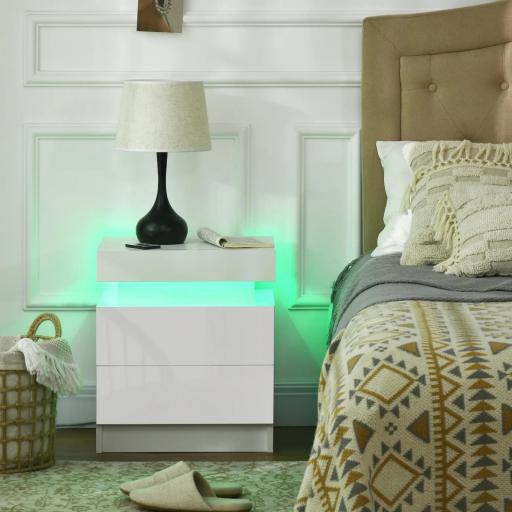 Mesita de Noche Blanca con Luz LED Mesita Decorativa con 2 Cajones y Mando a Distancia 45x35x52 cm Blanco