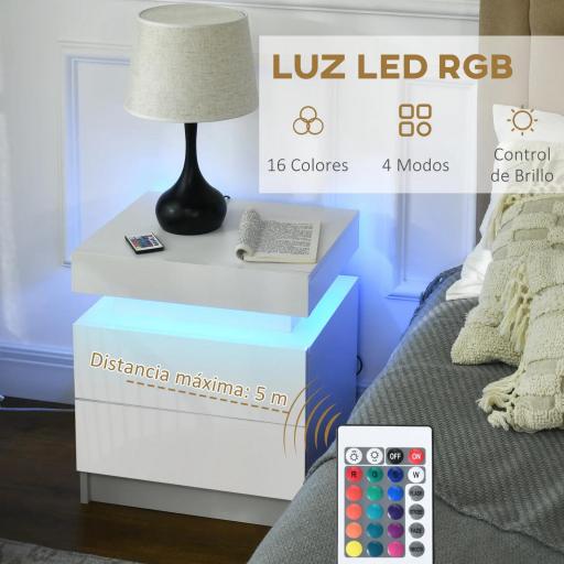 Mesita de Noche Blanca con Luz LED Mesita Decorativa con 2 Cajones y Mando a Distancia 45x35x52 cm Blanco [5]