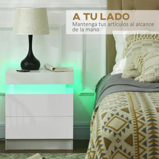 Mesita de Noche Blanca con Luz LED Mesita Decorativa con 2 Cajones y Mando a Distancia 45x35x52 cm Blanco [4]