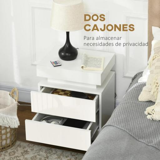 Mesita de Noche Blanca con Luz LED Mesita Decorativa con 2 Cajones y Mando a Distancia 45x35x52 cm Blanco [3]
