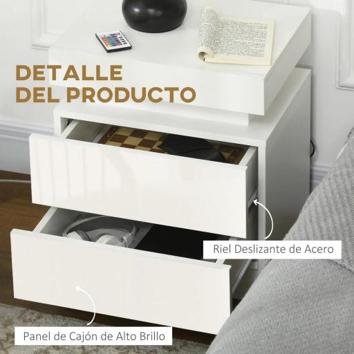 Mesita de Noche Blanca con Luz LED Mesita Decorativa con 2 Cajones y Mando a Distancia 45x35x52 cm Blanco [6]
