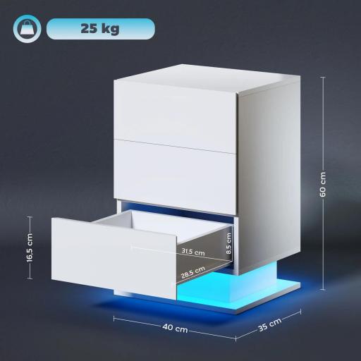 Mesita de Noche con LED RGB 3 Cajones y Mando a Distancia Diseño Moderno 40x35x60 cm Blanco Brillo [1]