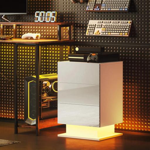 Mesita de Noche con LED RGB 3 Cajones y Mando a Distancia Diseño Moderno 40x35x60 cm Blanco Brillo [7]
