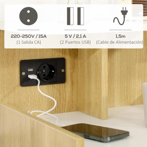 Mesilla de Noche con Puertos USB Toma de Corriente Cajón y Estantes Mesa de Noche 40x40x60 cm Natural [3]