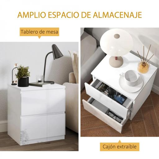 Mesilla de Noche con 2 Cajones Mesa de Noche para Dormitorio Salón 40x34x45 cm Blanco Brillo [7]