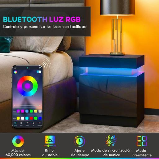 Mesilla de Noche con Luces LED 2 Cajones y Control de APP Mesa de Noche para Dormitorio Salón 45x35x52 cm Negro [1]