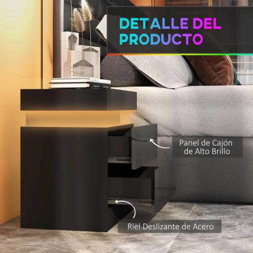 Mesilla de Noche con Luces LED 2 Cajones y Control de APP Mesa de Noche para Dormitorio Salón 45x35x52 cm Negro [2]