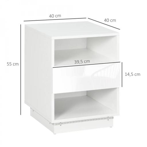 Mesita de Noche con Luz LED Mesilla de Noche con Mando a Distancia Cajón de Alto Brillo y 2 Estantes 40x40x55 cm Blanco [5]