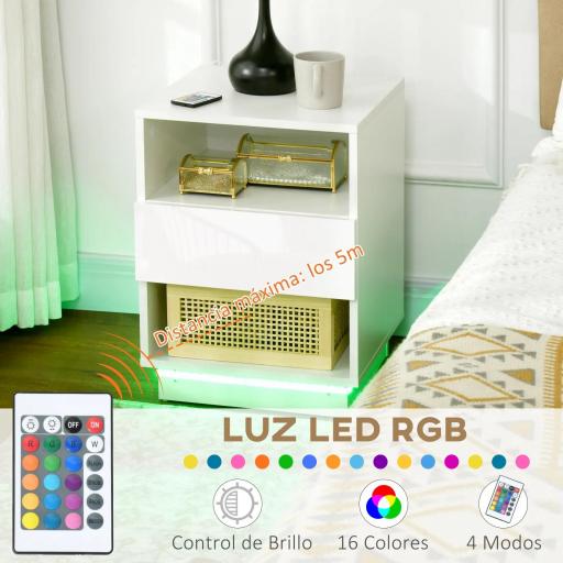 Mesita de Noche con Luz LED Mesilla de Noche con Mando a Distancia Cajón de Alto Brillo y 2 Estantes 40x40x55 cm Blanco [7]