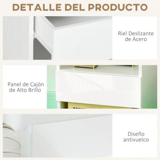 Mesita de Noche con Luz LED Mesilla de Noche con Mando a Distancia Cajón de Alto Brillo y 2 Estantes 40x40x55 cm Blanco [6]