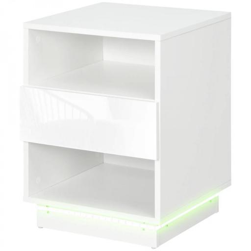 Mesita de Noche con Luz LED Mesilla de Noche con Mando a Distancia Cajón de Alto Brillo y 2 Estantes 40x40x55 cm Blanco [3]