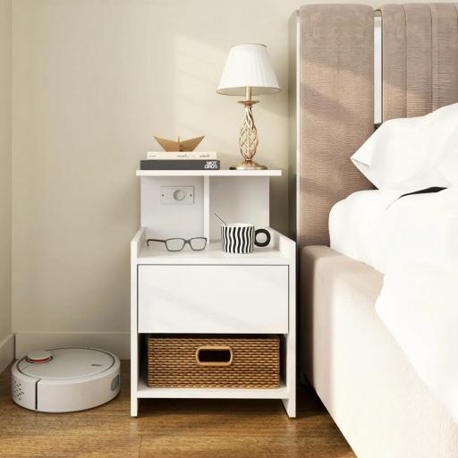Mesita de Noche con Estación de Carga Puertos USB Cajón y Estantes Mesilla de Noche Dormitorio 40x40x60 cm Blanco