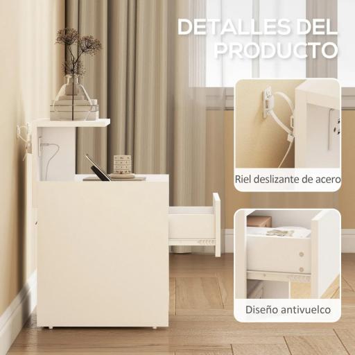 Mesita de Noche con Estación de Carga Puertos USB Cajón y Estantes Mesilla de Noche Dormitorio 40x40x60 cm Blanco [1]