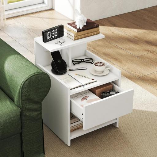 Mesita de Noche con Estación de Carga Puertos USB Cajón y Estantes Mesilla de Noche Dormitorio 40x40x60 cm Blanco [5]