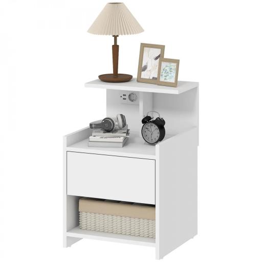 Mesita de Noche con Estación de Carga Puertos USB Cajón y Estantes Mesilla de Noche Dormitorio 40x40x60 cm Blanco [9]