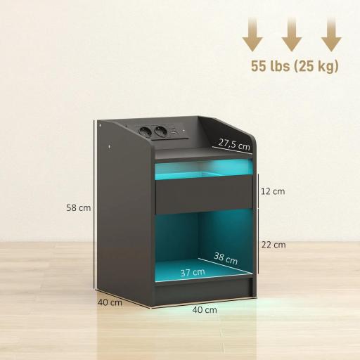 Mesita de Noche con Estación de Carga Luz LED RGB Cajón Estante Abierto Puertos USB y Control Remoto 40x40x58 Cm Negro [1]