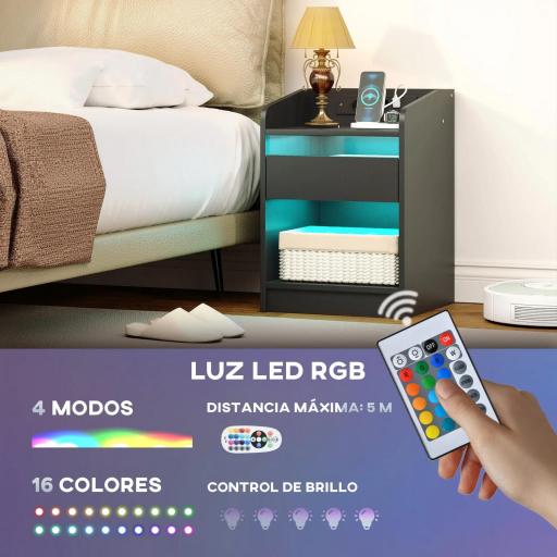 Mesita de Noche con Estación de Carga Luz LED RGB Cajón Estante Abierto Puertos USB y Control Remoto 40x40x58 Cm Negro [4]