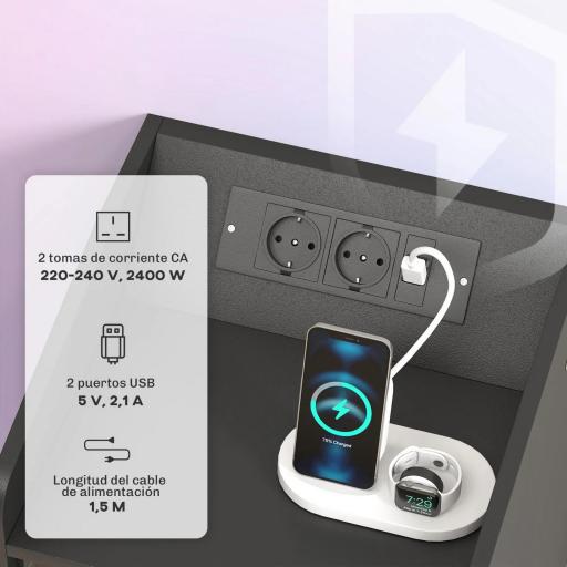 Mesita de Noche con Estación de Carga Luz LED RGB Cajón Estante Abierto Puertos USB y Control Remoto 40x40x58 Cm Negro [3]