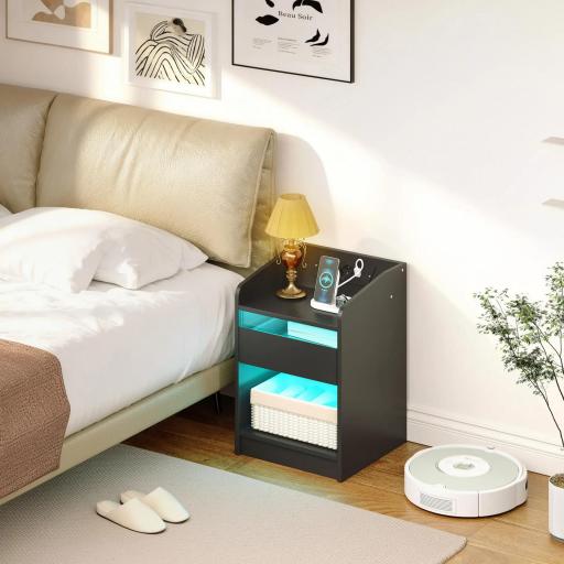 Mesita de Noche con Estación de Carga Luz LED RGB Cajón Estante Abierto Puertos USB y Control Remoto 40x40x58 Cm Negro [5]