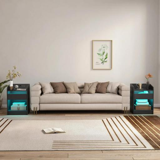 Mesita de Noche con Estación de Carga Luz LED RGB Cajón Estante Abierto Puertos USB y Control Remoto 40x40x58 Cm Negro [6]