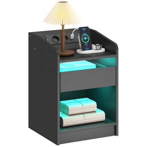 Mesita de Noche con Estación de Carga Luz LED RGB Cajón Estante Abierto Puertos USB y Control Remoto 40x40x58 Cm Negro [9]