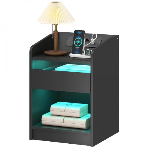 Mesita de Noche con Estación de Carga Luz LED RGB Cajón Estante Abierto Puertos USB y Control Remoto 40x40x58 Cm Negro [8]
