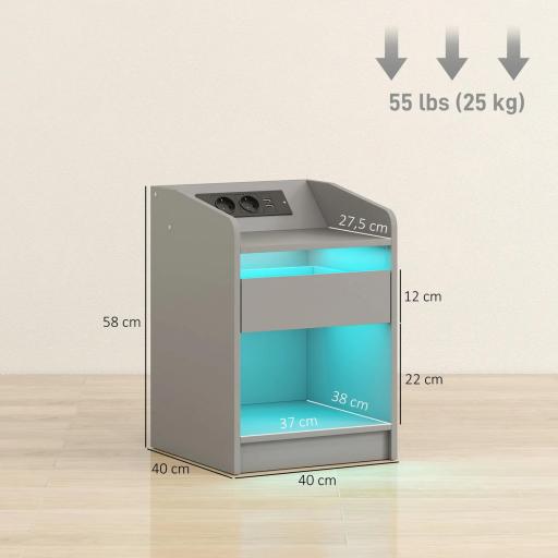 Mesita de Noche con Estación de Carga Luz LED RGB Cajón Estante Abierto Puertos USB y Control Remoto 40x40x58 Cm Gris [1]