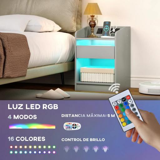 Mesita de Noche con Estación de Carga Luz LED RGB Cajón Estante Abierto Puertos USB y Control Remoto 40x40x58 Cm Gris [2]