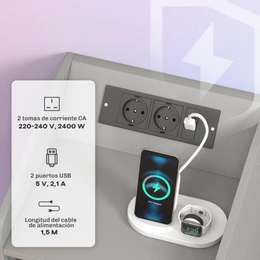 Mesita de Noche con Estación de Carga Luz LED RGB Cajón Estante Abierto Puertos USB y Control Remoto 40x40x58 Cm Gris [3]