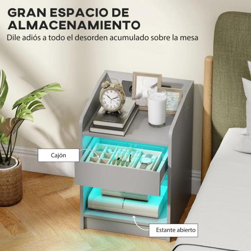 Mesita de Noche con Estación de Carga Luz LED RGB Cajón Estante Abierto Puertos USB y Control Remoto 40x40x58 Cm Gris [5]