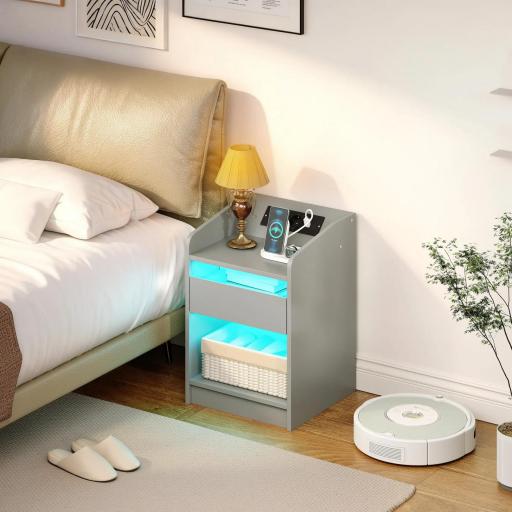 Mesita de Noche con Estación de Carga Luz LED RGB Cajón Estante Abierto Puertos USB y Control Remoto 40x40x58 Cm Gris [4]