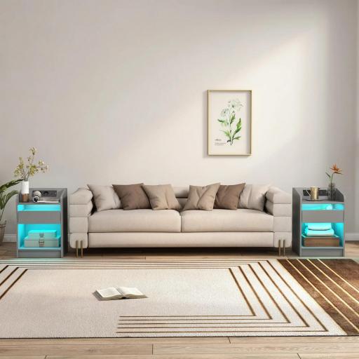 Mesita de Noche con Estación de Carga Luz LED RGB Cajón Estante Abierto Puertos USB y Control Remoto 40x40x58 Cm Gris [7]