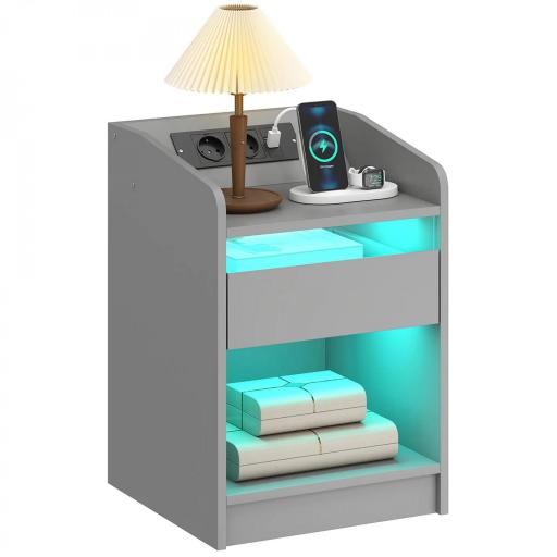 Mesita de Noche con Estación de Carga Luz LED RGB Cajón Estante Abierto Puertos USB y Control Remoto 40x40x58 Cm Gris [8]