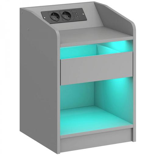 Mesita de Noche con Estación de Carga Luz LED RGB Cajón Estante Abierto Puertos USB y Control Remoto 40x40x58 Cm Gris [10]