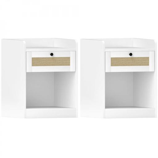 Juego de 2 Mesillas de Noche para Dormitorio con Cajón con Frontal de Ratán 40x40x53 cm Blanco [10]