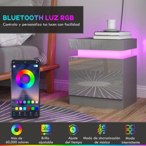 Mesilla de Noche con Luces LED 2 Cajones y Control de APP Mesa de Noche para Dormitorio Salón 45x35x52 cm Gris [5]