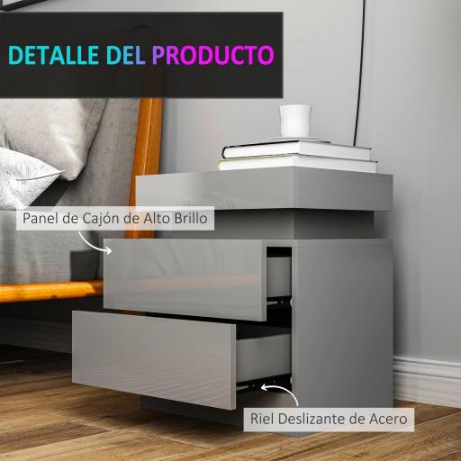 Mesilla de Noche con Luces LED 2 Cajones y Control de APP Mesa de Noche para Dormitorio Salón 45x35x52 cm Gris [4]