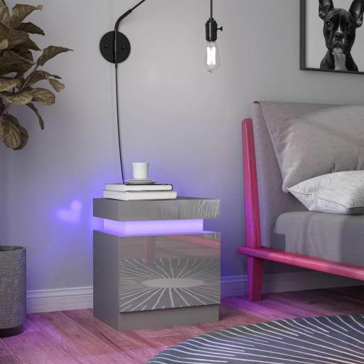 Mesilla de Noche con Luces LED 2 Cajones y Control de APP Mesa de Noche para Dormitorio Salón 45x35x52 cm Gris [1]