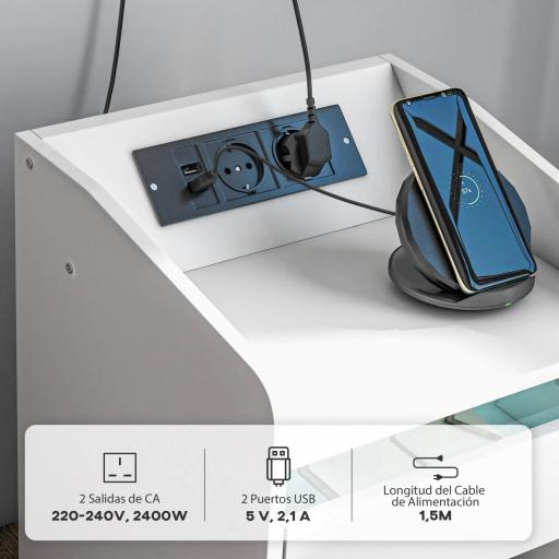 Mesilla de Noche con Luces LED Cajón Estante Estación de Carga Puertos USB y Control Remoto 40x40x58 cm Blanco [3]