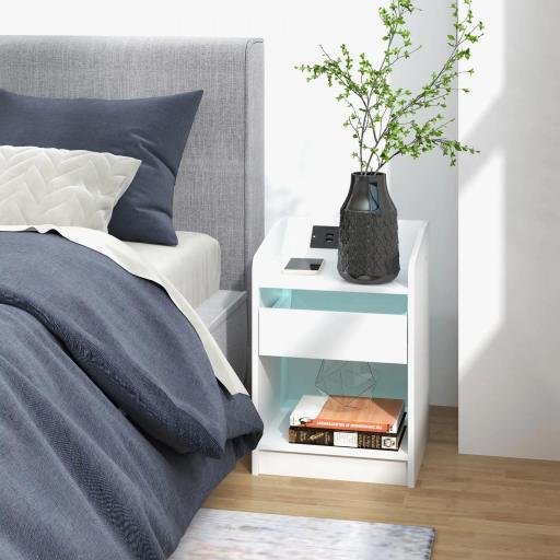 Mesilla de Noche con Luces LED Cajón Estante Estación de Carga Puertos USB y Control Remoto 40x40x58 cm Blanco [5]