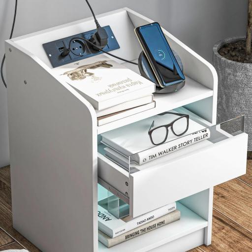 Mesilla de Noche con Luces LED Cajón Estante Estación de Carga Puertos USB y Control Remoto 40x40x58 cm Blanco [4]