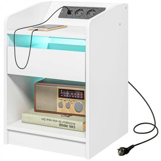Mesilla de Noche con Luces LED Cajón Estante Estación de Carga Puertos USB y Control Remoto 40x40x58 cm Blanco [8]